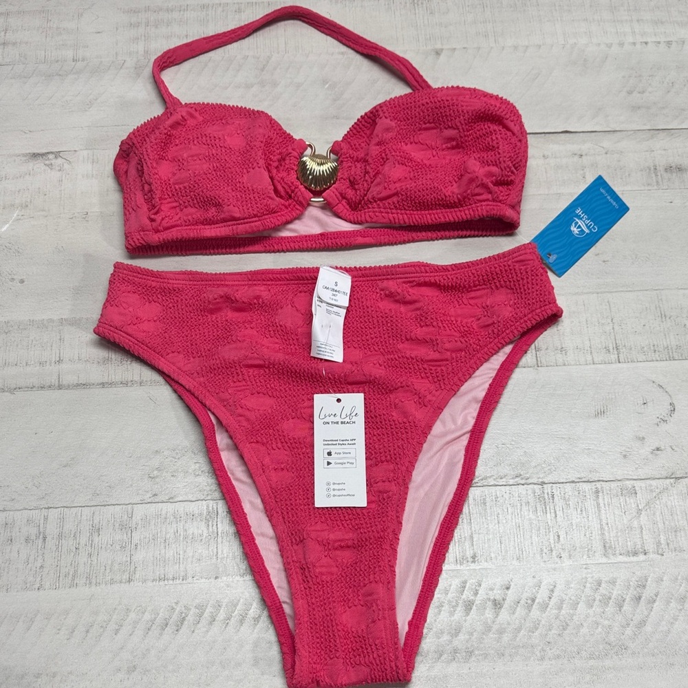 Cupshe Hot Pink Textured Bandeau high rise Bikini with Heart Accent